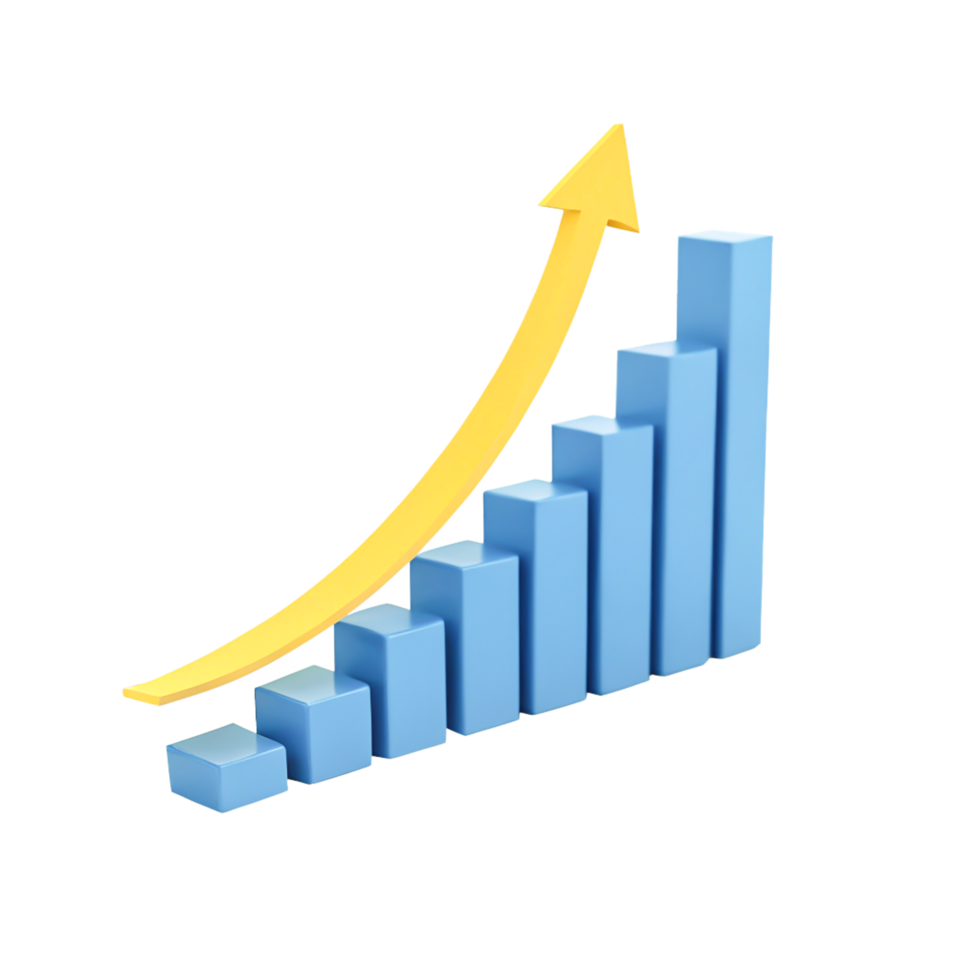 3D Render of Ascending Bar Graph with Yellow Arrow Business Growth Success Chart png
