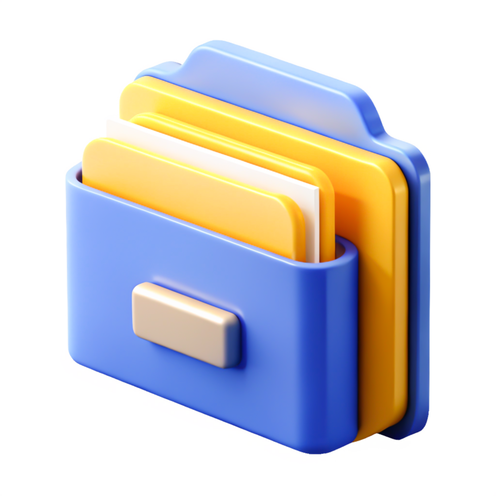 3D Cartoon Style File Folder Icon Blue, Yellow White Documents png