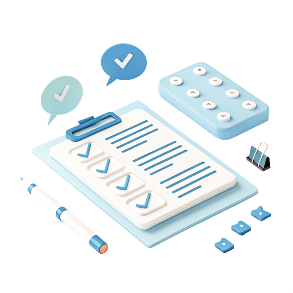3D Isometric Checklist Clipboard, Survey, Form, and Pen - Modern Business Concept png