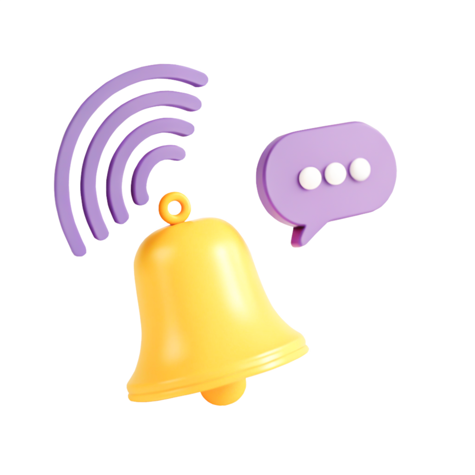 3D Render of Yellow Bell Notification Icon with Purple Wifi and Speech Bubble png