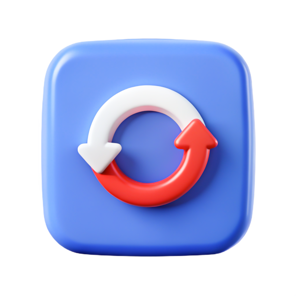 3D Render of Red and White Circular Arrows on Blue Square Icon - Refresh, Reload, Repeat Symbol png