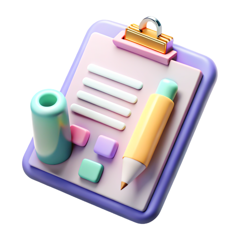 Cute 3D Render of Clipboard, Pencil, and Cylinder Pastel-Colored Stationery Design png