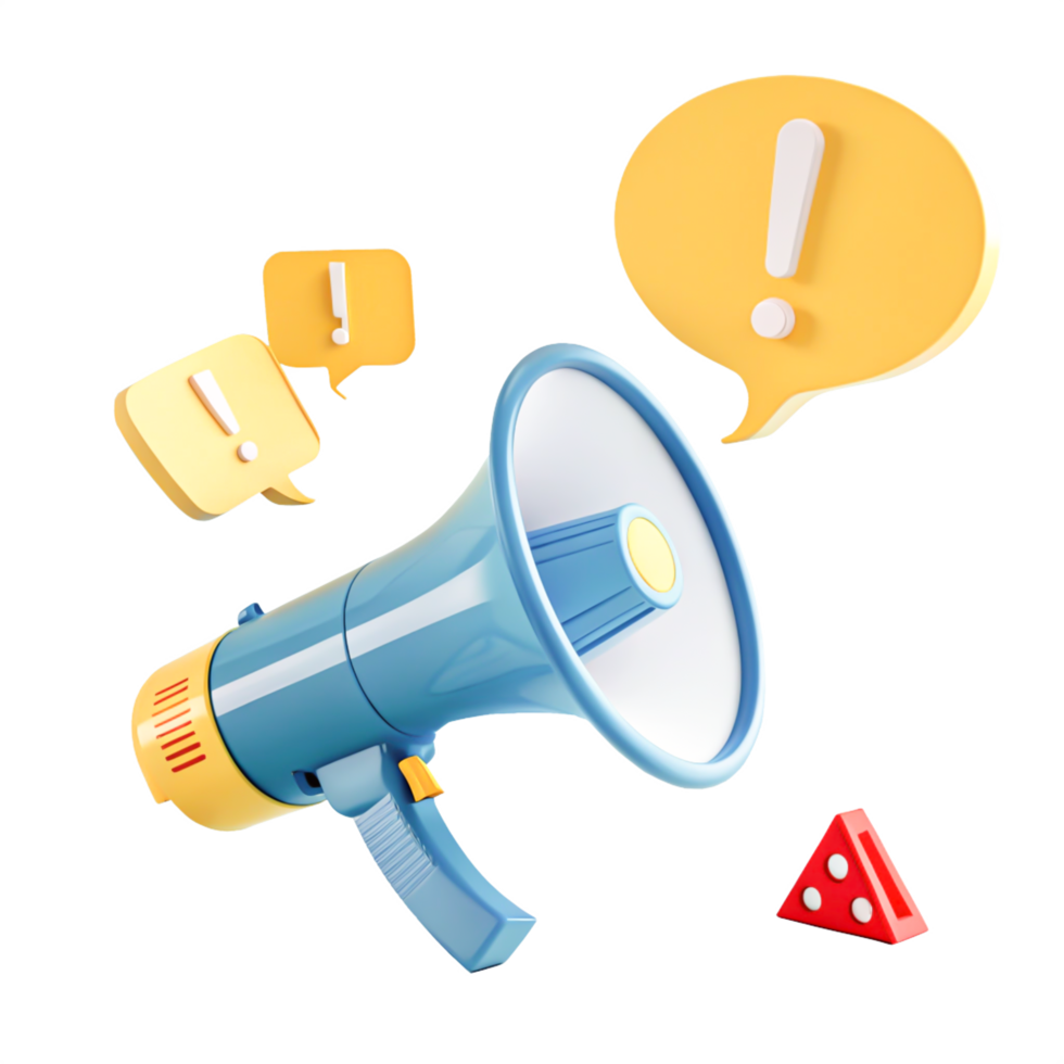 3D Cartoon Megaphone Announcement with Exclamation Mark Speech Bubbles png