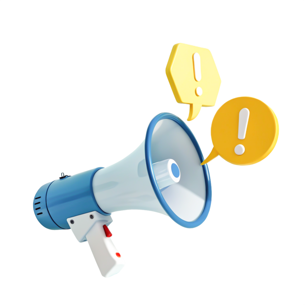 3D Cartoon Megaphone with Exclamation Mark Speech Bubbles - Announcement Concept png