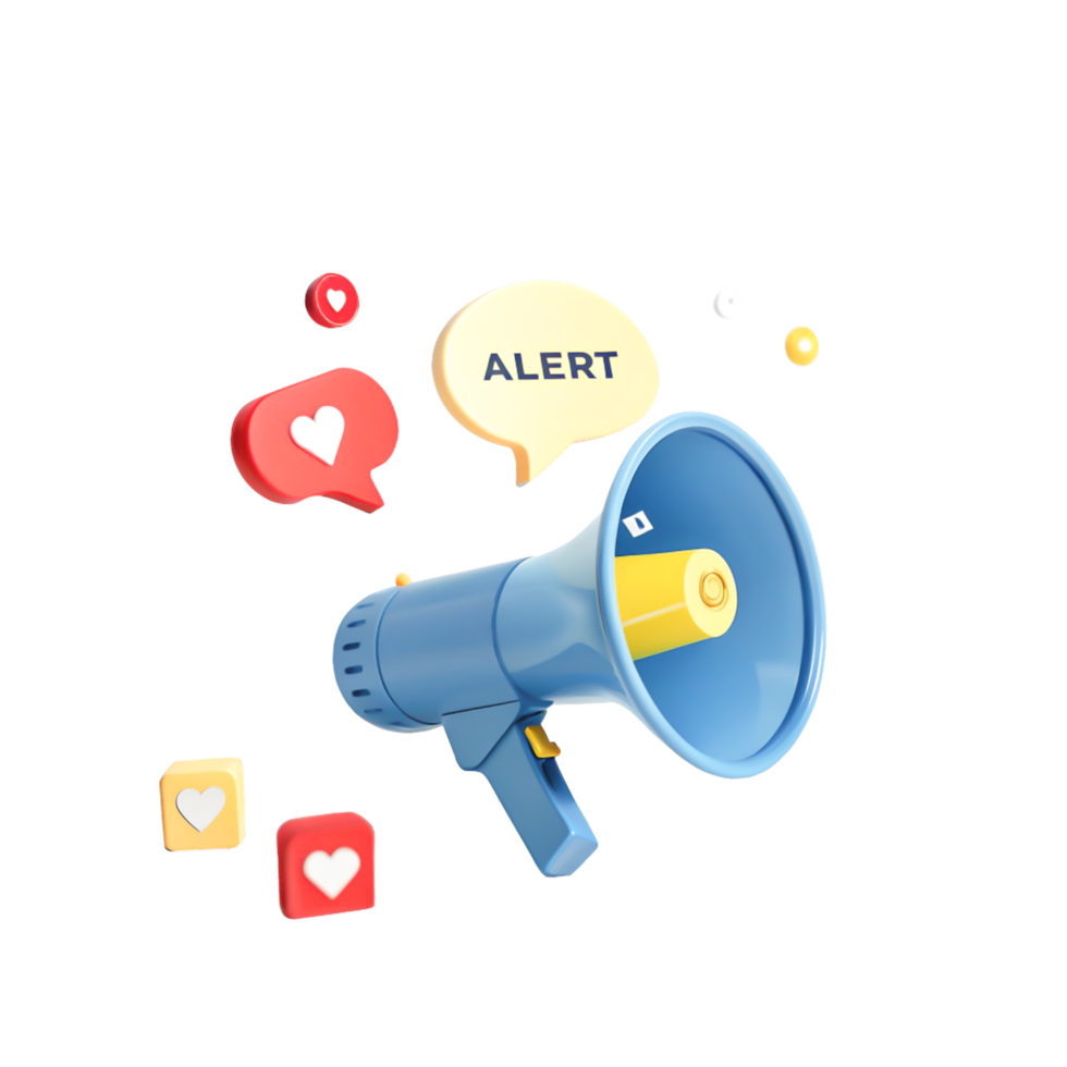 3D Cartoon Megaphone Alert with Social Media Icons, Love Hearts, and Notification Bubbles png