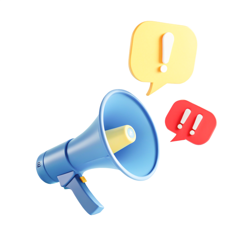 3D Cartoon Megaphone with Exclamation Mark Speech Bubbles - png