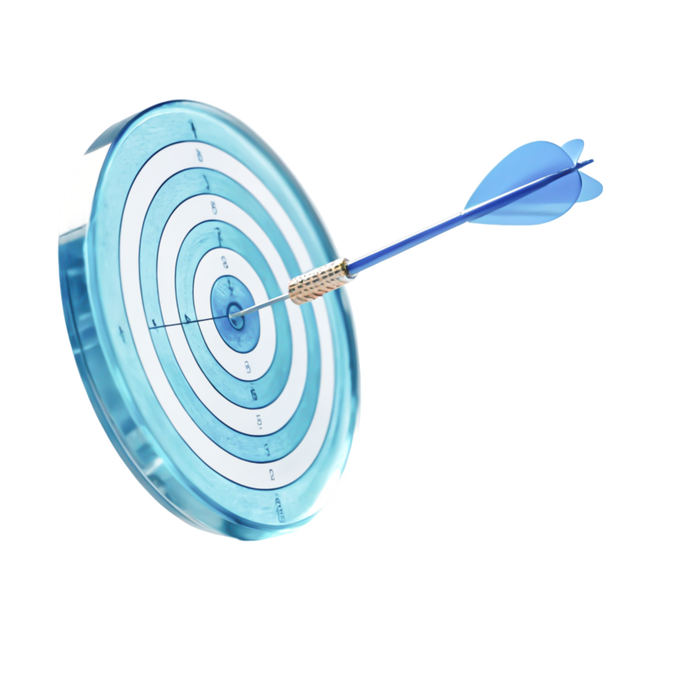 Blue Glass Dartboard Target with Arrow Hitting Bullseye Achievement Concept png