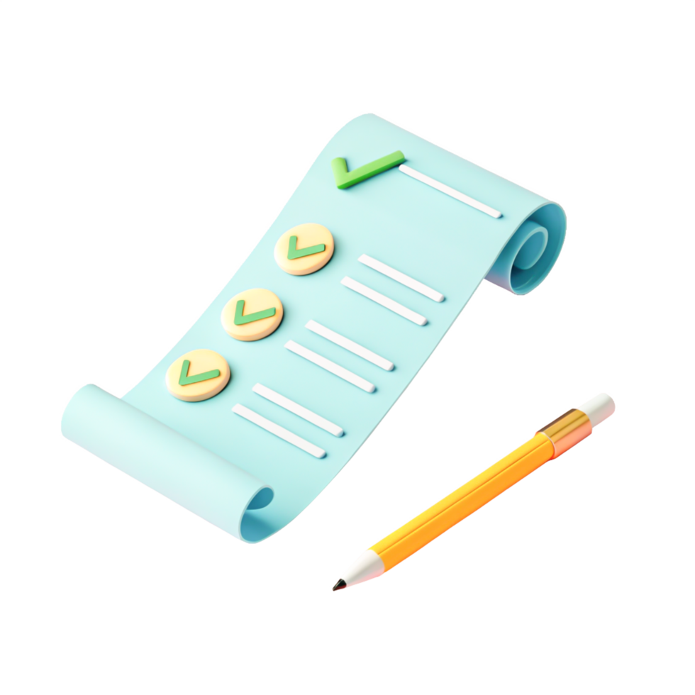 3D Render of Checklist Scroll with Pencil, Task Management, To-Do List png