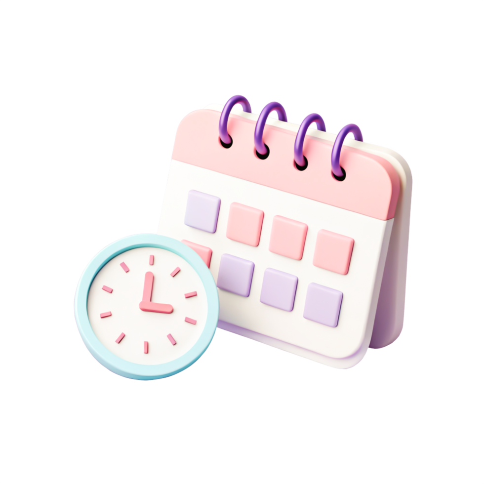 Cute 3D Render of Desk Calendar and Clock, Time Management Icon, Pastel Colors png