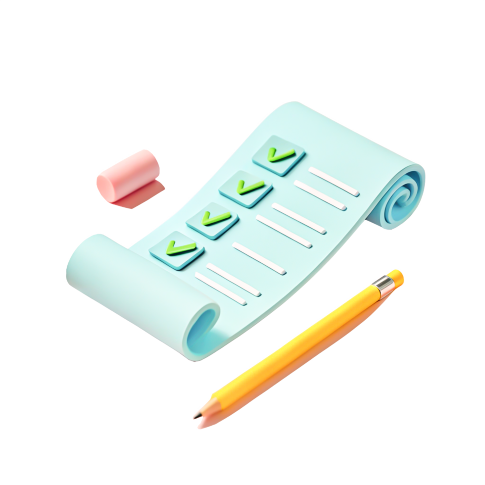 3D Render of Checklist Paper Scroll with Pencil and Eraser, To Do List Concept png