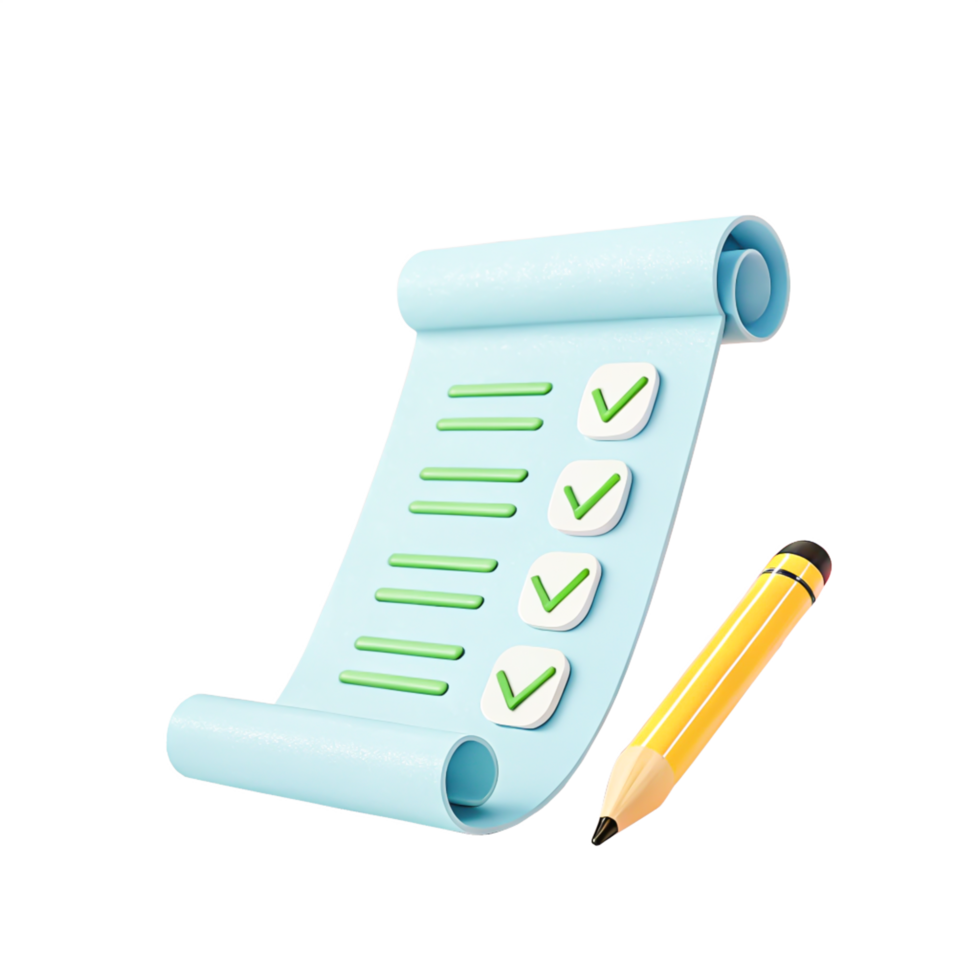 3D Render of Checklist Scroll with Pencil Task Management and To-Do List Concept png