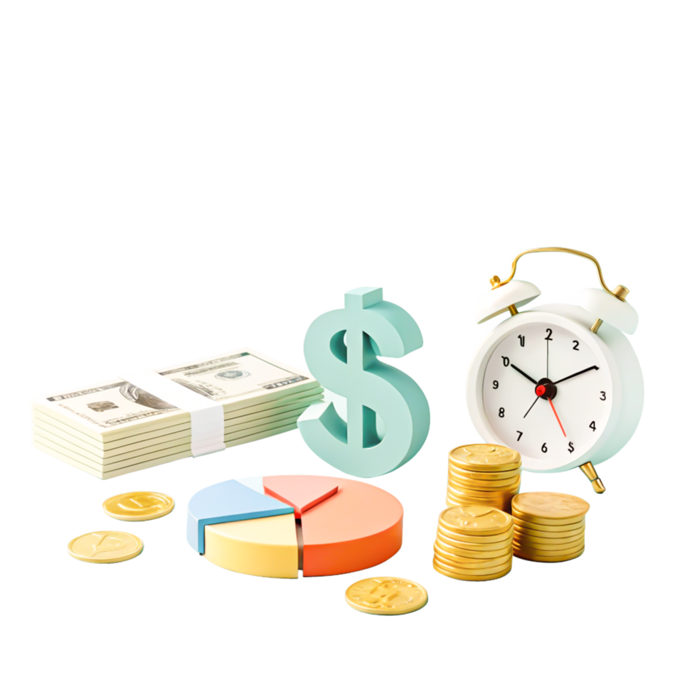 3D Render of Time is Money Concept Dollar Sign, Clock, Pie Chart, Cash Coins png