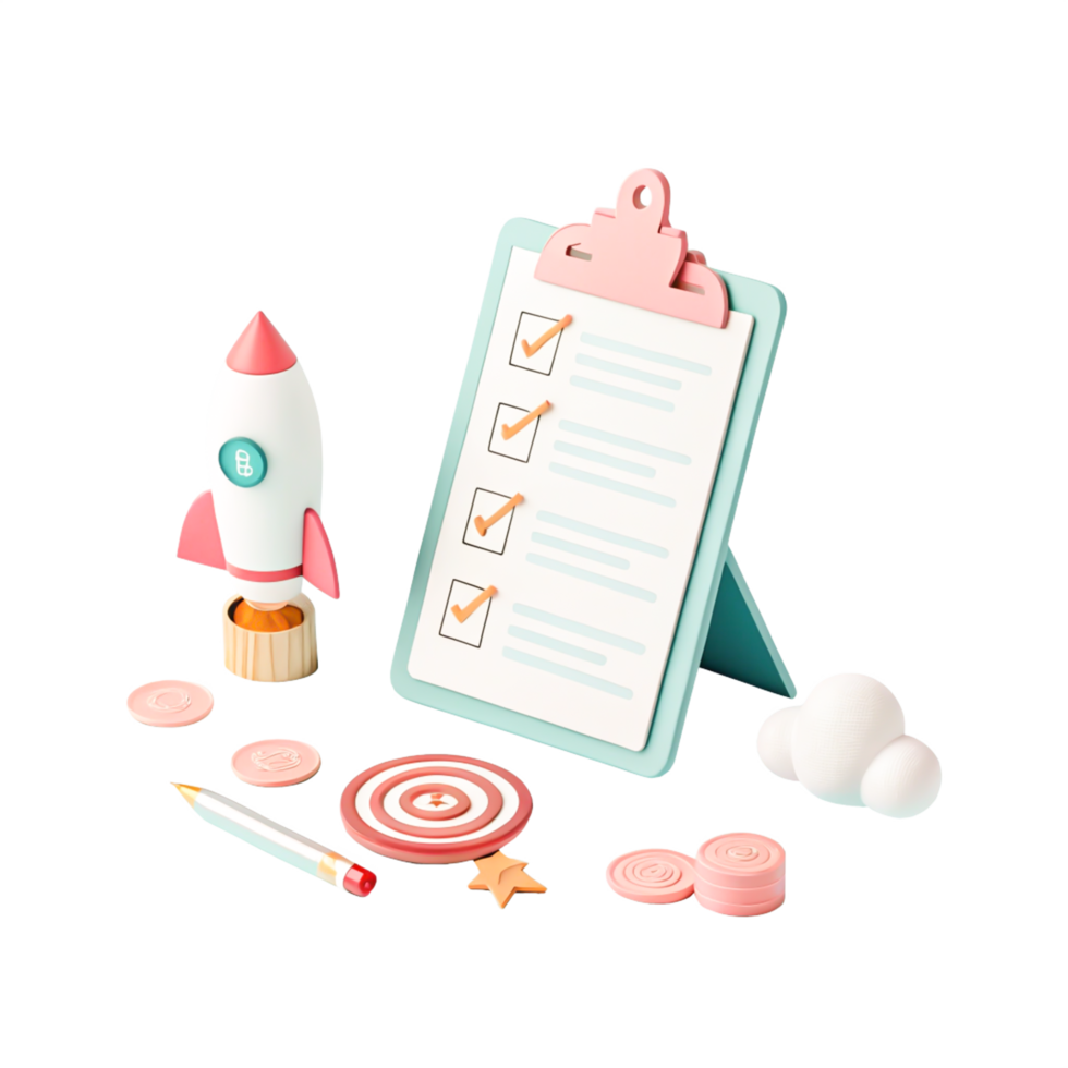 3D Render of Checklist, Rocket Launch, Target, Coins Startup Success Concept png