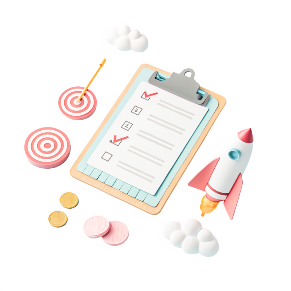 3D Render Checklist, Target, Rocket, Coins Business Success Goal Achievement png