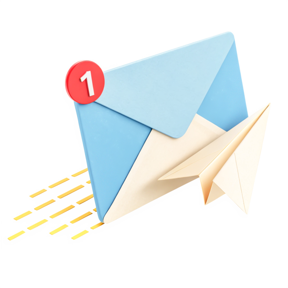 3D Render New Email Notification with Paper Airplane, Fast Delivery Concept png