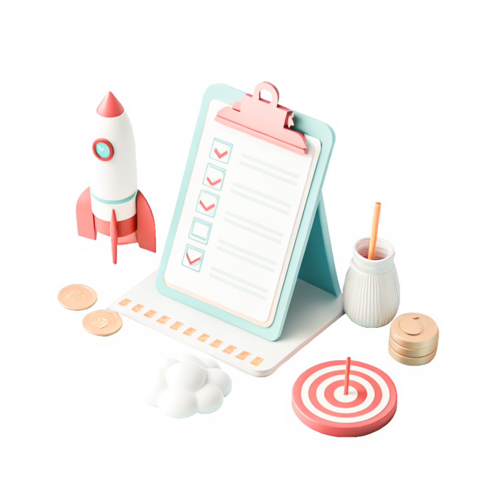 3D Render Startup Checklist Rocket Launch, Goals, and Success png