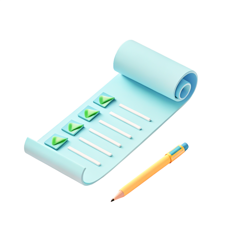 3D Render of Checklist Paper Roll with Pencil - Productivity and Task Management Concept png