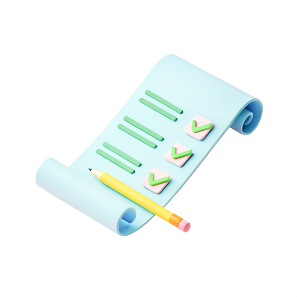 3D Render of Checklist Paper Scroll with Pencil and Checkmarks - Pastel Colors png