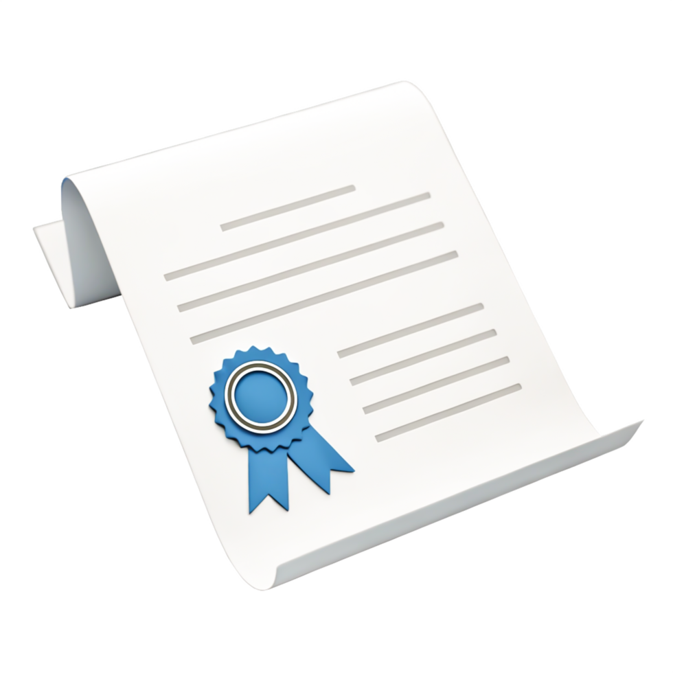 3D Render of a Certificate with Blue Ribbon Seal, Achievement Award png