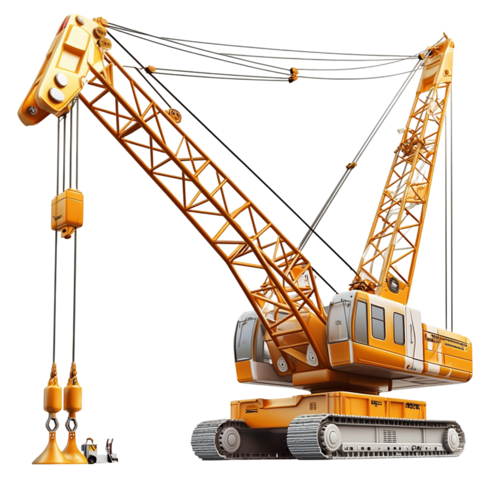 Large yellow construction crane lifting heavy load strong mechanical structure png