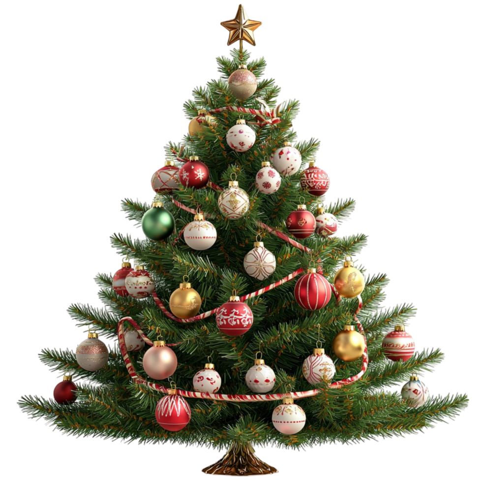 Classic decorated Christmas tree golden ornaments twinkling festive lights png