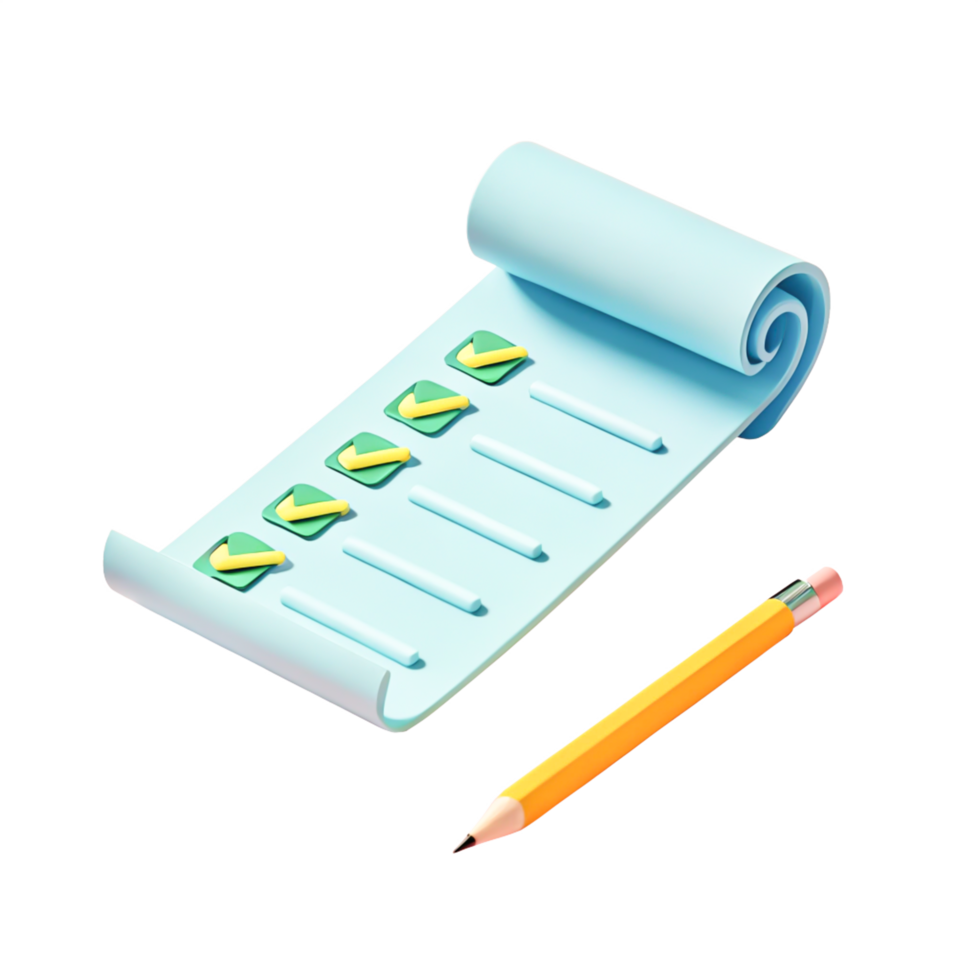 3D Render of Checklist, To-Do List, Paper Notepad, Pencil, png