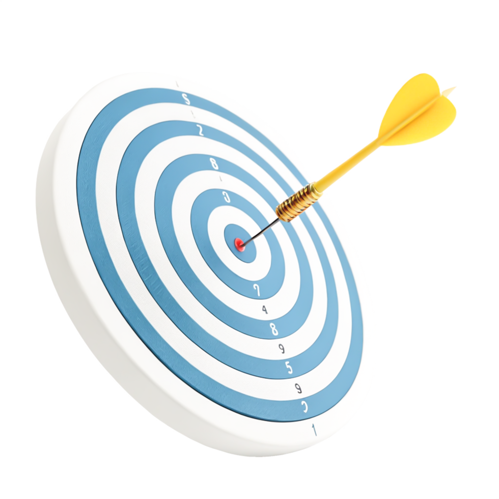 3D Render of Yellow Dart Hitting Bullseye on Blue and White Dartboard png
