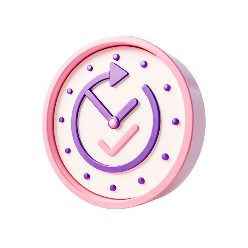 Cute 3D Render of Pink and Purple Clock with Checkmark Icon - Time Management Concept png