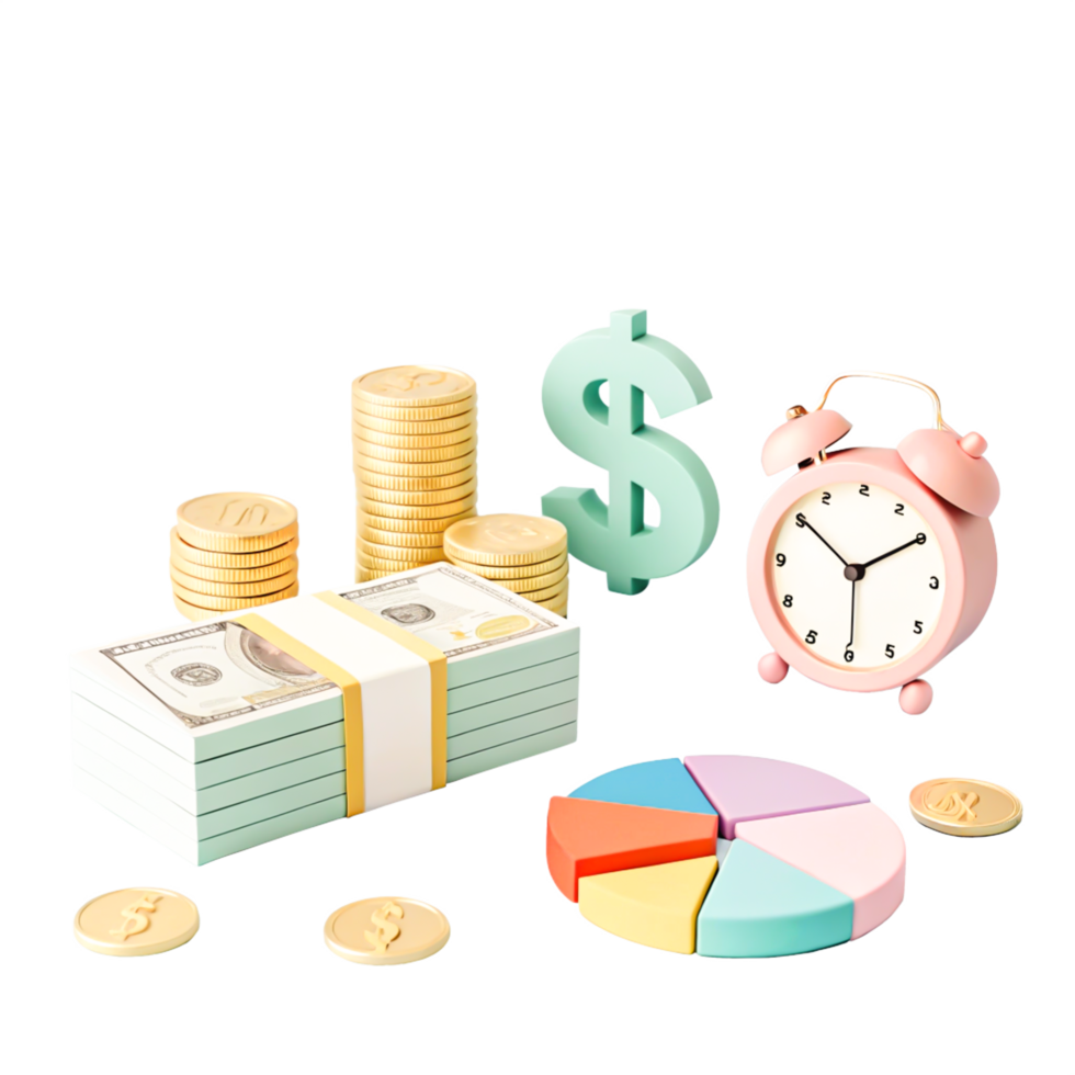 3D Cartoon Money, Time, and Finance Chart Illustration for Business Concepts png