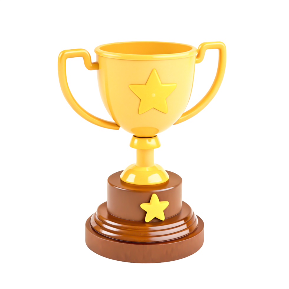 Cartoon Golden Trophy Cup Award with Stars, 3D Render, Winner Prize png