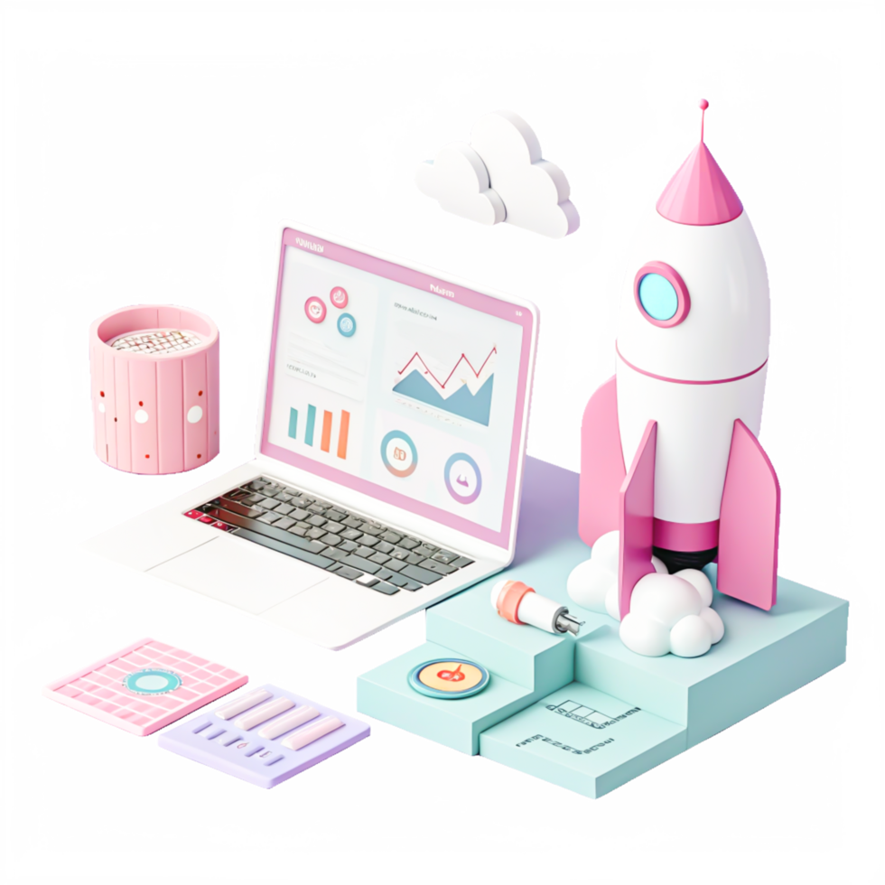 3D Render Startup Business Launch Rocket Laptop Pastel Colors png
