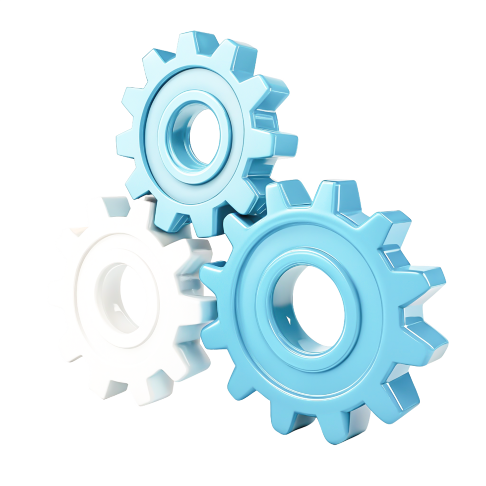 Interlocking Gears 3D Render of Blue and White Cogwheels, Teamwork Concept png
