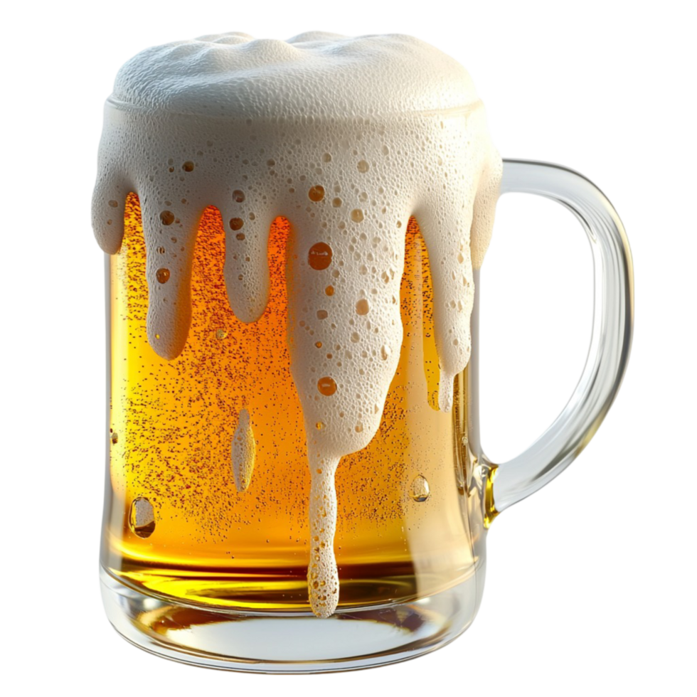 Large frosty beer mug golden foam spilling over the thick glass png
