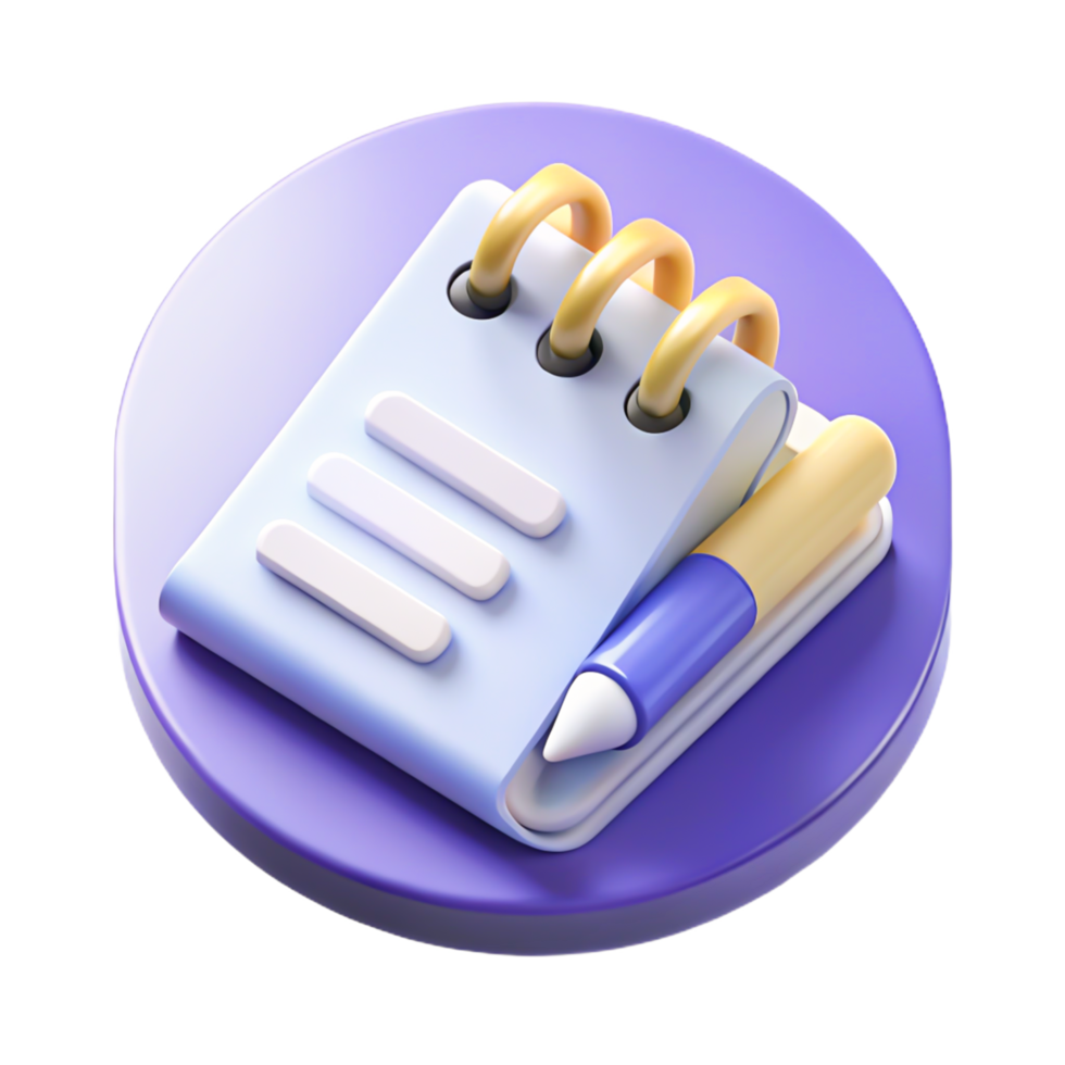 3D Render of Spiral Notepad and Pen Icon, App UI Element, Note-Taking, Purple and Blue png