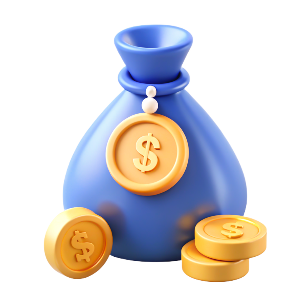 3D Render of Blue Money Bag with Gold Coins Finance, Wealth, Investment Concept png
