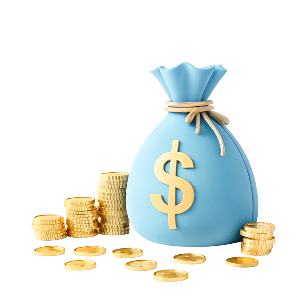 3D Render of Blue Money Bag with Golden Coins Financial Success Illustration png