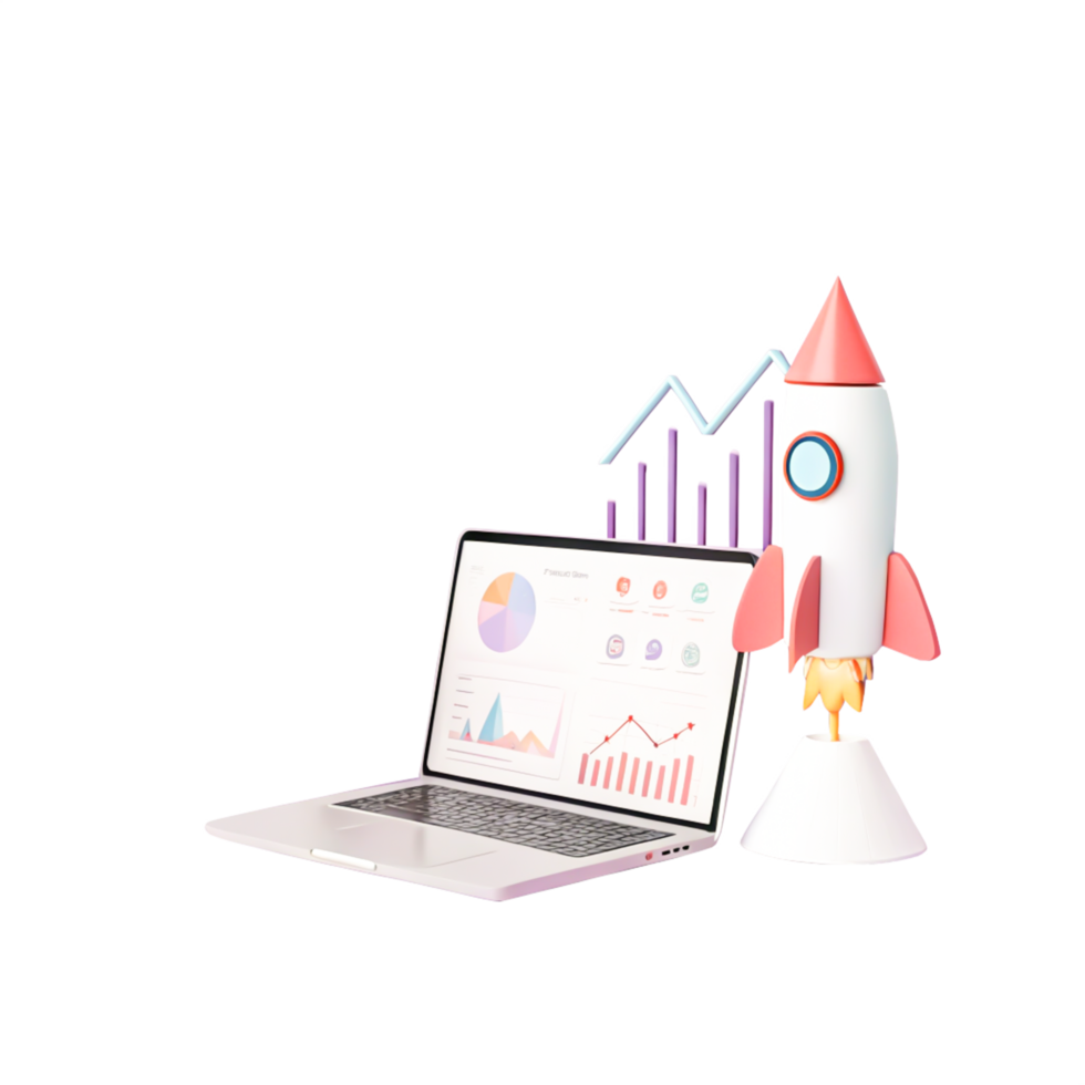 3D Render of Laptop with Startup Rocket, Charts, and Business Growth Graphics png