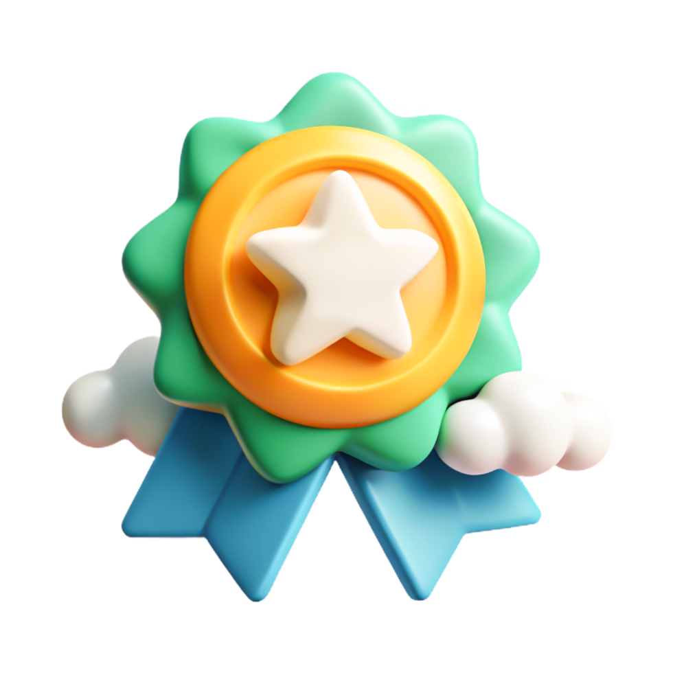 3D Cartoon Award Badge with Star, Ribbon, and Clouds - Achievement Icon png