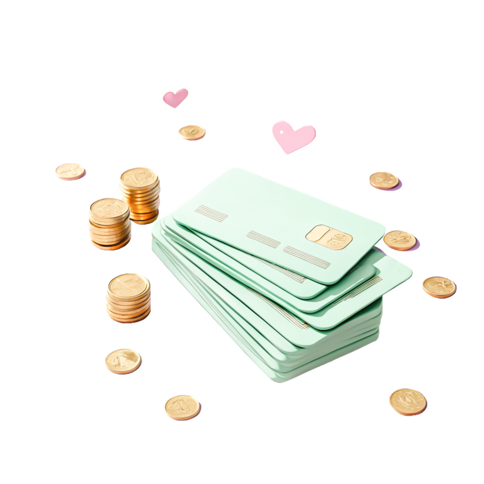 Mint Green Credit Cards Stack with Golden Coins and Pink Hearts - Finance Illustration png
