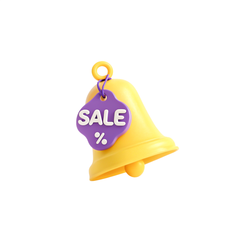 3D Render of Yellow Bell with Purple Sale Tag and Percentage Sign for Marketing png