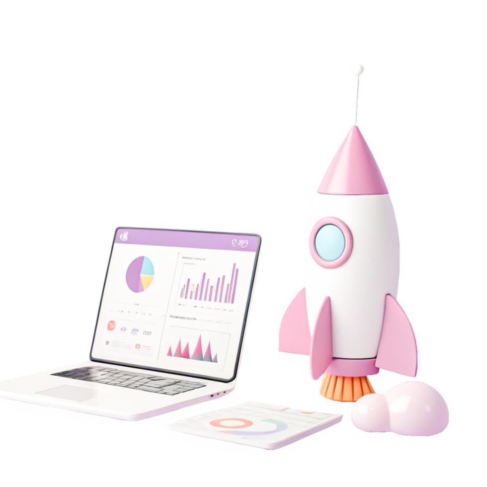 Pink Rocket Launching Business Startup Success Laptop Charts Graphs Data png
