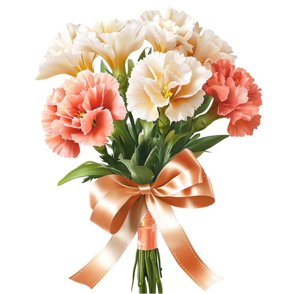Elegant bouquet of mixed pastel flowers tied a soft golden ribbon png
