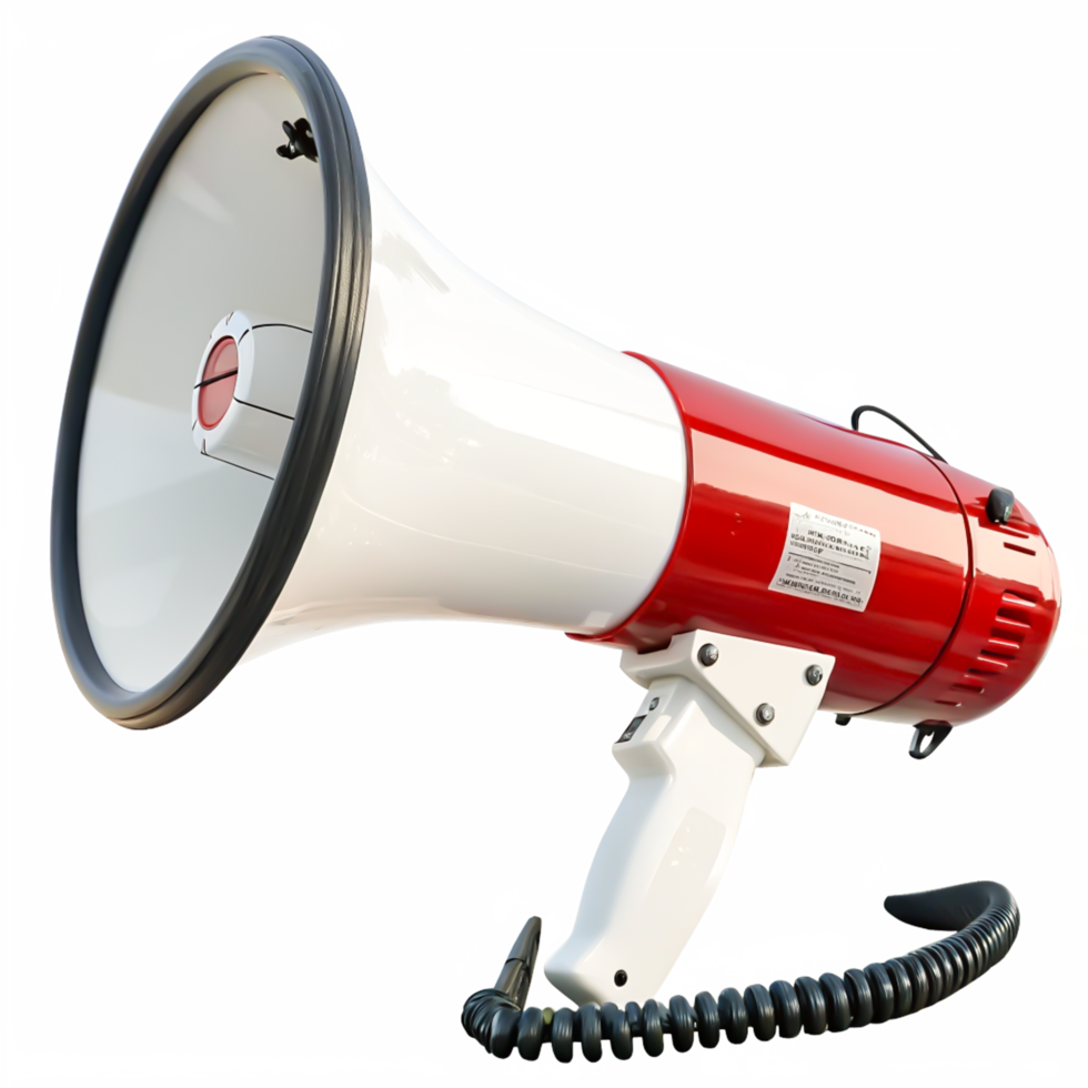Realistic 3D Render of a Red and White Megaphone with Coil Cord png