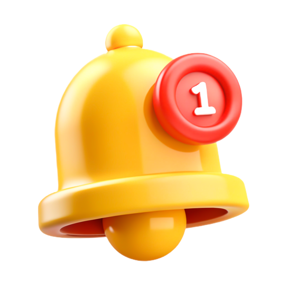 3D Render of Yellow Notification Bell Icon with One New Message png