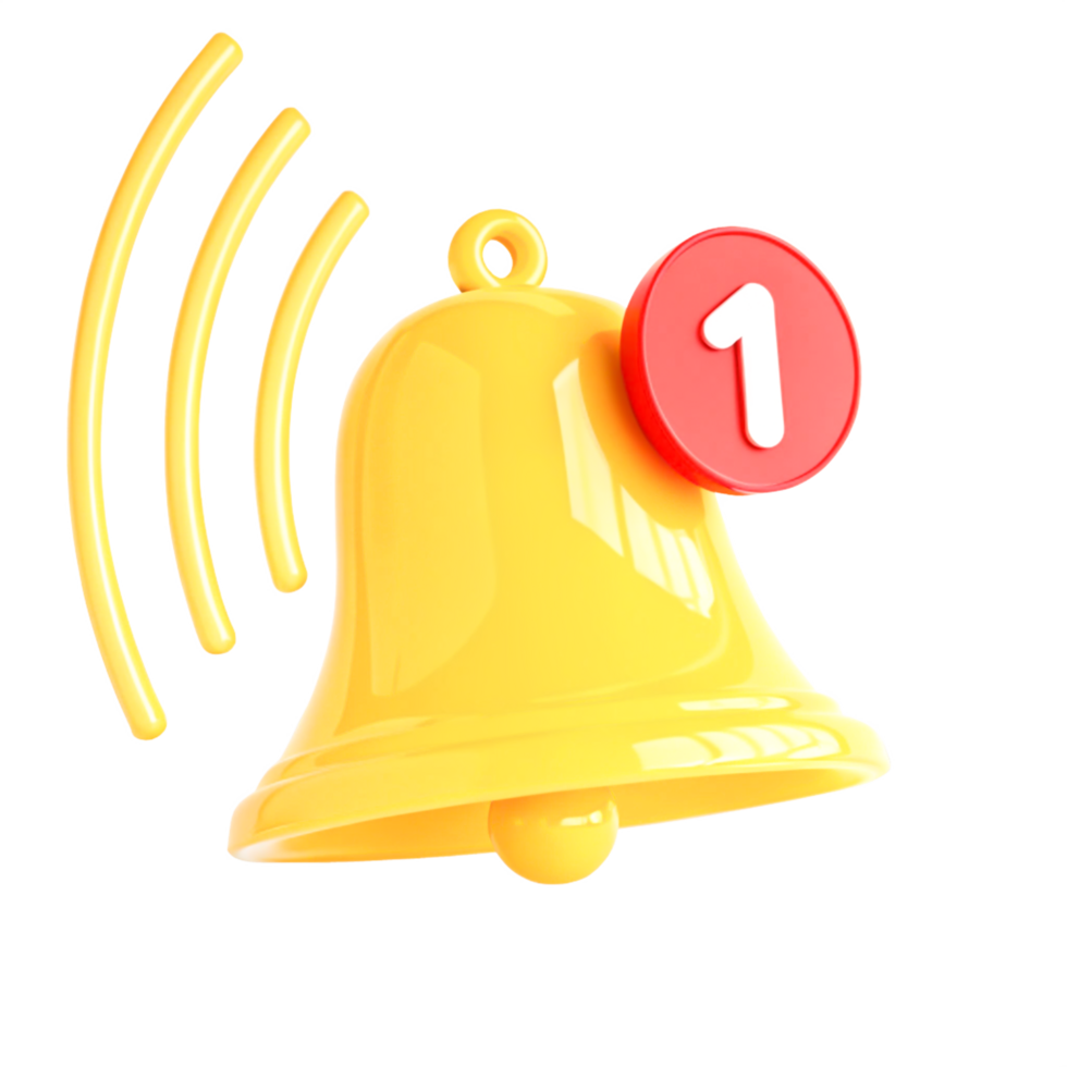 3D Yellow Bell Notification Icon with One New Message Alert png