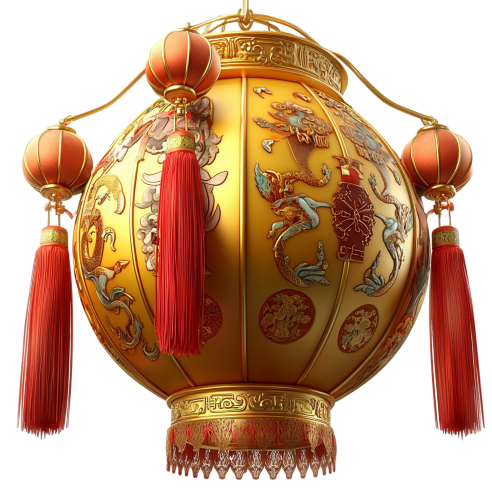 Traditional Chinese red lantern golden tassels floral patterns png