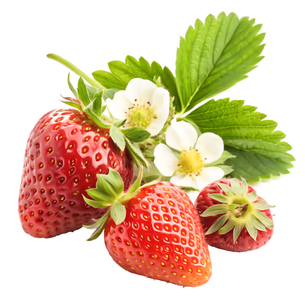 Juicy Red Strawberries with Blossoms Fresh Fruit Photography for Food, Drink, and Health png
