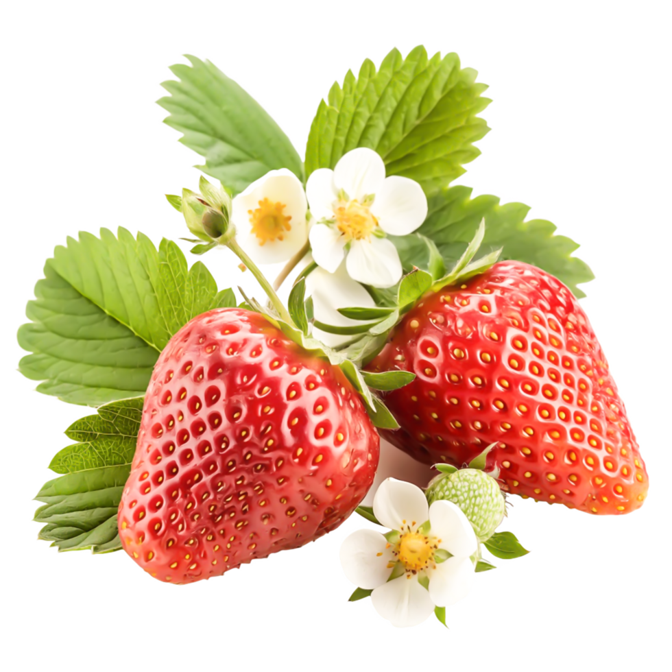 Two Juicy Strawberries with Blossoms and Green Leaves Isolated on White Background png