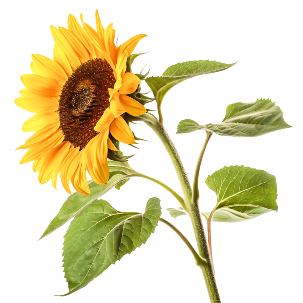Vibrant Single Sunflower with Stem and Leaves Isolated on White Background png