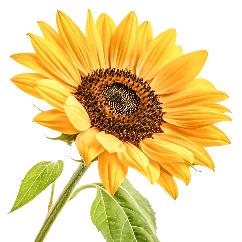Vibrant Yellow Sunflower Close-up Isolated on White Background, Detailed Petals and Leaves png